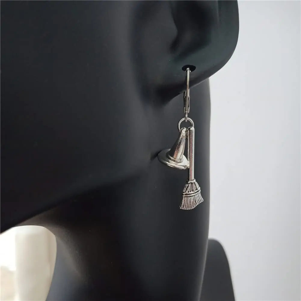 Witch Hat Lever Back Earrings, Tiny Broom Charm Minimalist Jewelry Women, Handmade Creative Broomstick Earrings AETYWYEIN