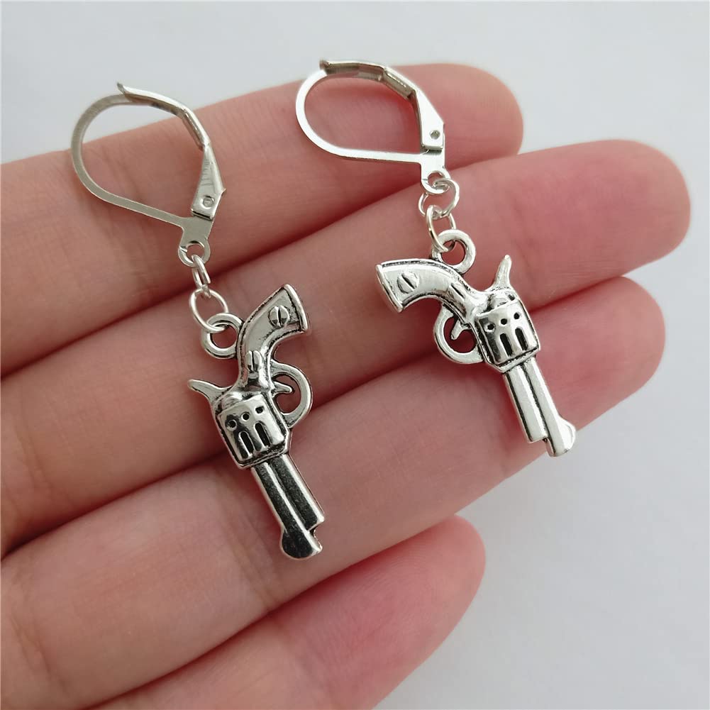 Gun Revolver Dangle Charm Lever Back Earrings, West Style, Quirky Jewelry AETYWYEIN