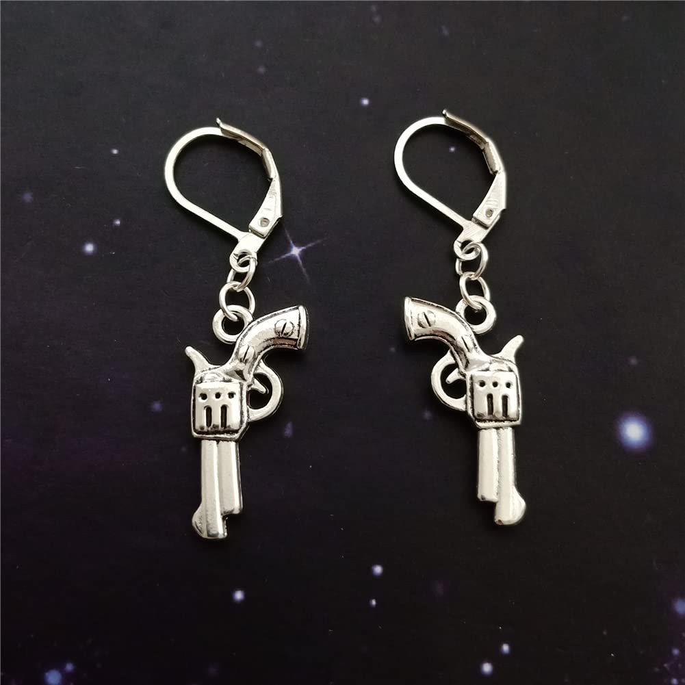 Gun Revolver Dangle Charm Lever Back Earrings, West Style, Quirky Jewelry AETYWYEIN