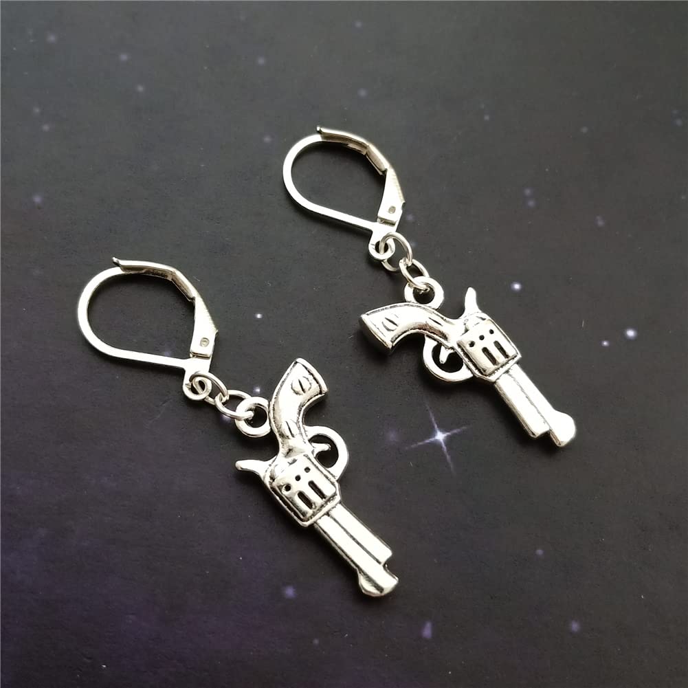 Gun Revolver Dangle Charm Lever Back Earrings, West Style, Quirky Jewelry AETYWYEIN